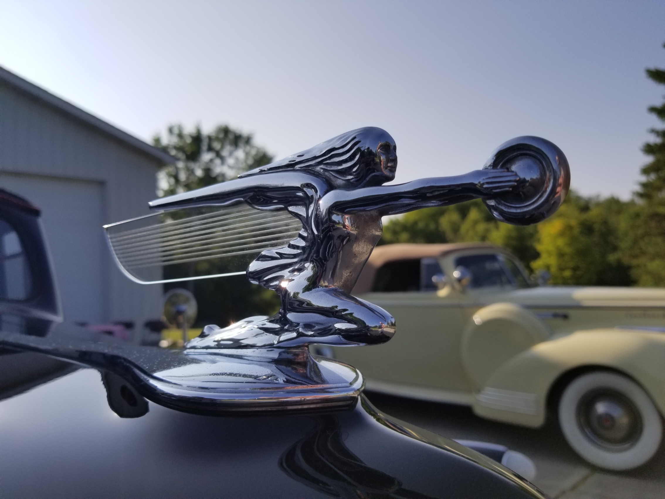 Hood Ornament of 1940 120 1801 Convertible Sedan in front of 1941 Packard 120 Convertible Coupe in Yellow